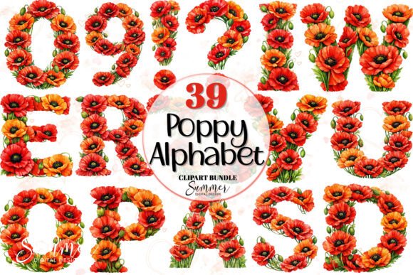 August Poppy Red Floral Alphabet Clipart: Elevating Design with Botanical Typography