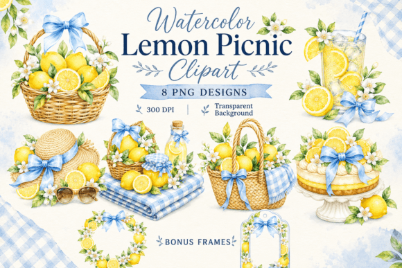 Watercolor Lemon Picnic Clipart: Elevating Summer Designs with Fresh Citrus Charm