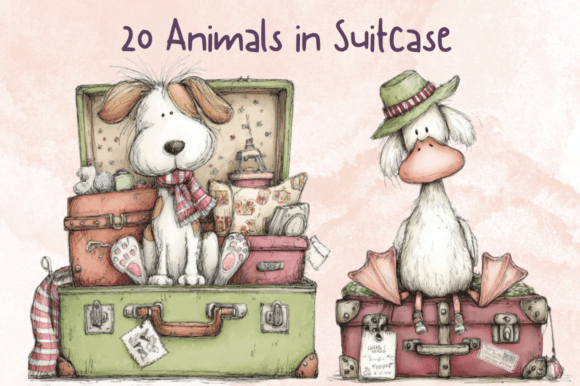 Whimsical Animals in Suitcase Clipart